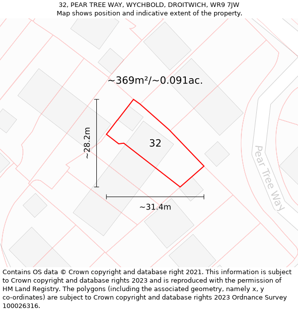 32, PEAR TREE WAY, WYCHBOLD, DROITWICH, WR9 7JW: Plot and title map