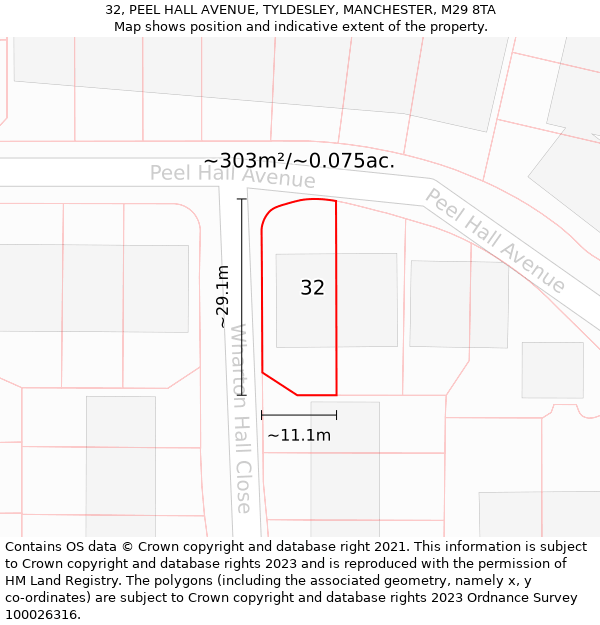 32, PEEL HALL AVENUE, TYLDESLEY, MANCHESTER, M29 8TA: Plot and title map