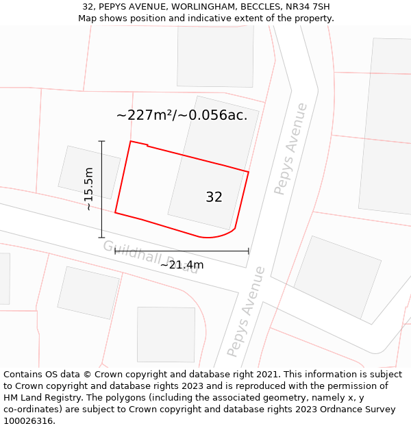 32, PEPYS AVENUE, WORLINGHAM, BECCLES, NR34 7SH: Plot and title map