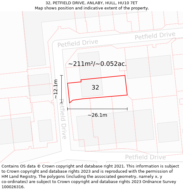 32, PETFIELD DRIVE, ANLABY, HULL, HU10 7ET: Plot and title map