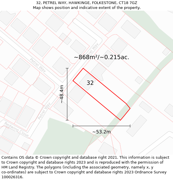 32, PETREL WAY, HAWKINGE, FOLKESTONE, CT18 7GZ: Plot and title map