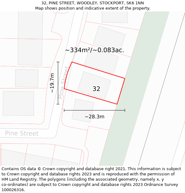 32, PINE STREET, WOODLEY, STOCKPORT, SK6 1NN: Plot and title map