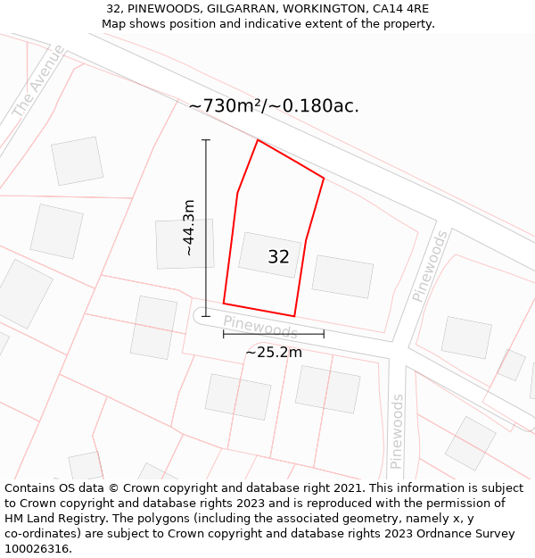 32, PINEWOODS, GILGARRAN, WORKINGTON, CA14 4RE: Plot and title map