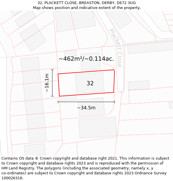 32, PLACKETT CLOSE, BREASTON, DERBY, DE72 3UG: Plot and title map