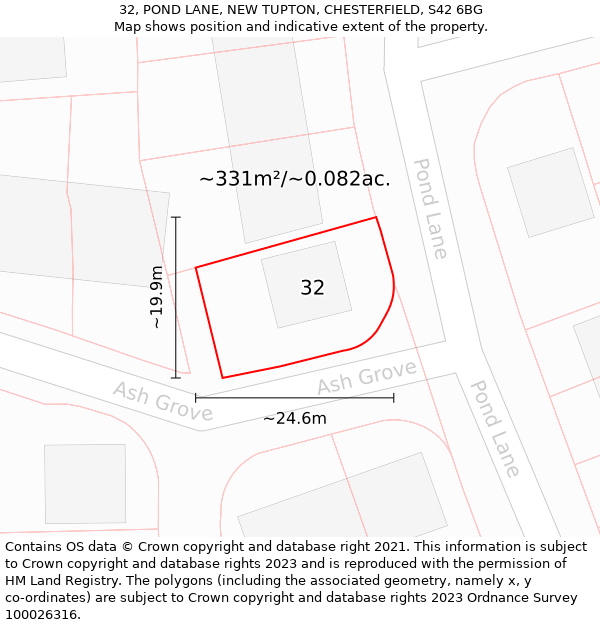 32, POND LANE, NEW TUPTON, CHESTERFIELD, S42 6BG: Plot and title map