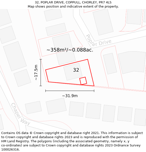 32, POPLAR DRIVE, COPPULL, CHORLEY, PR7 4LS: Plot and title map