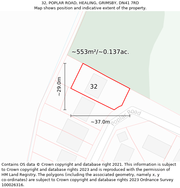 32, POPLAR ROAD, HEALING, GRIMSBY, DN41 7RD: Plot and title map