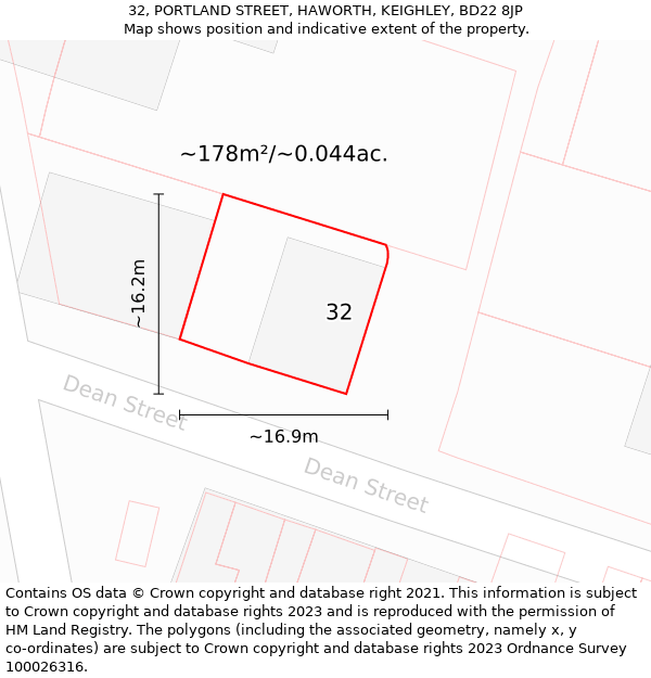 32, PORTLAND STREET, HAWORTH, KEIGHLEY, BD22 8JP: Plot and title map