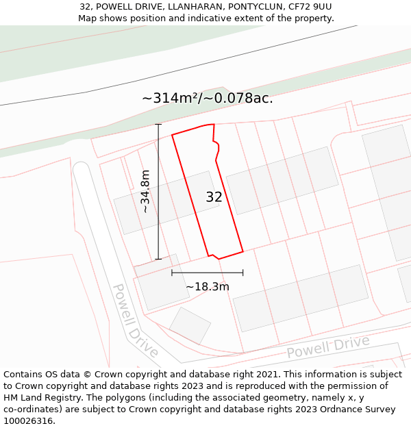 32, POWELL DRIVE, LLANHARAN, PONTYCLUN, CF72 9UU: Plot and title map