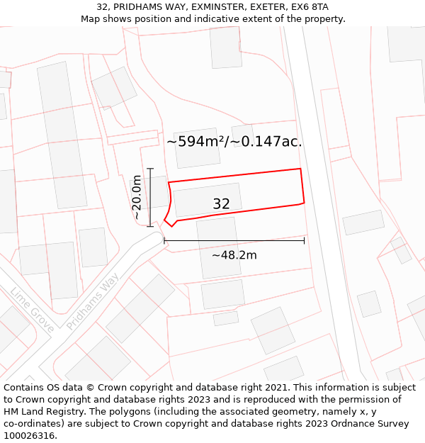 32, PRIDHAMS WAY, EXMINSTER, EXETER, EX6 8TA: Plot and title map