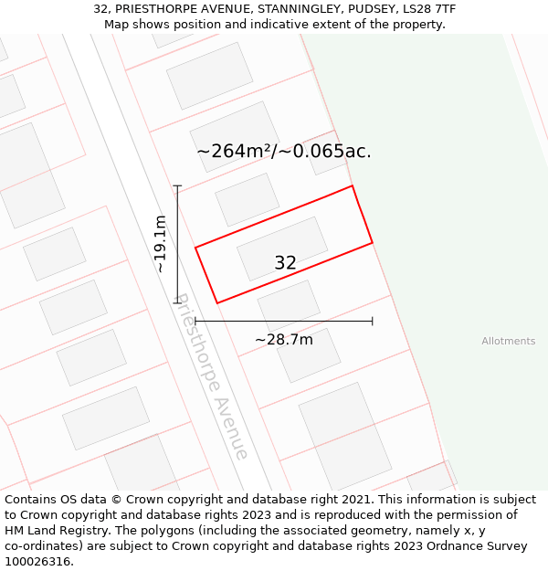 32, PRIESTHORPE AVENUE, STANNINGLEY, PUDSEY, LS28 7TF: Plot and title map