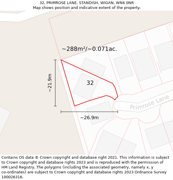 32, PRIMROSE LANE, STANDISH, WIGAN, WN6 0NR: Plot and title map