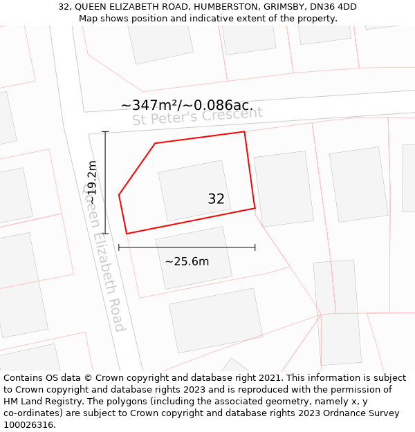 32, QUEEN ELIZABETH ROAD, HUMBERSTON, GRIMSBY, DN36 4DD: Plot and title map