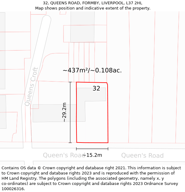 32, QUEENS ROAD, FORMBY, LIVERPOOL, L37 2HL: Plot and title map