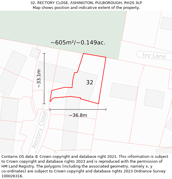 32, RECTORY CLOSE, ASHINGTON, PULBOROUGH, RH20 3LP: Plot and title map