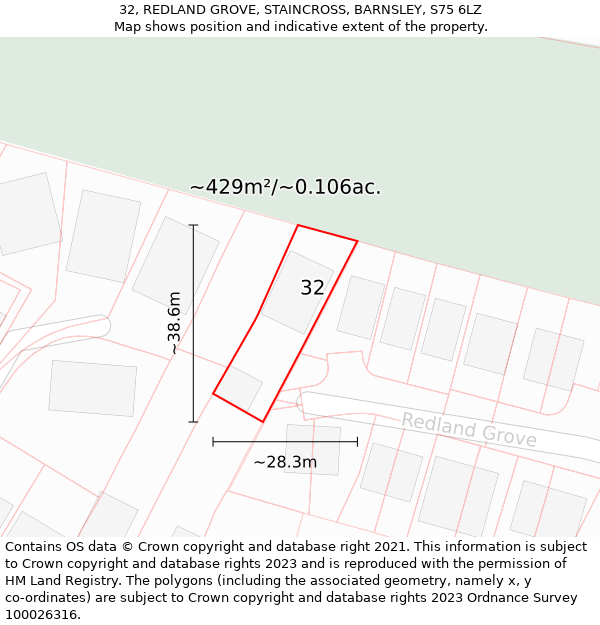 32, REDLAND GROVE, STAINCROSS, BARNSLEY, S75 6LZ: Plot and title map