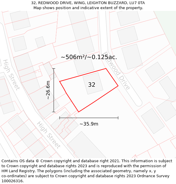 32, REDWOOD DRIVE, WING, LEIGHTON BUZZARD, LU7 0TA: Plot and title map