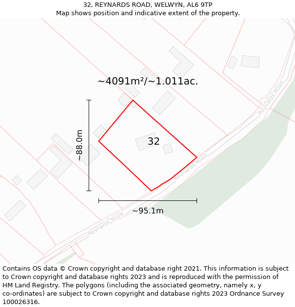 32, REYNARDS ROAD, WELWYN, AL6 9TP: Plot and title map