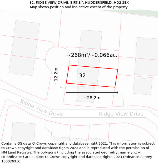 32, RIDGE VIEW DRIVE, BIRKBY, HUDDERSFIELD, HD2 2EX: Plot and title map