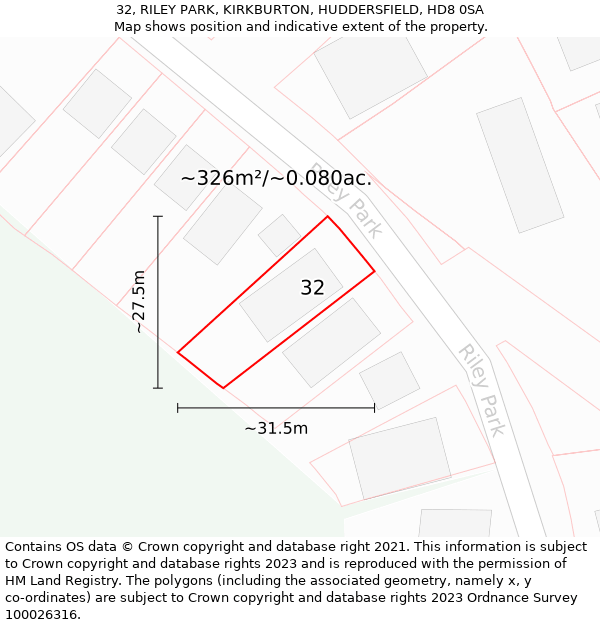 32, RILEY PARK, KIRKBURTON, HUDDERSFIELD, HD8 0SA: Plot and title map