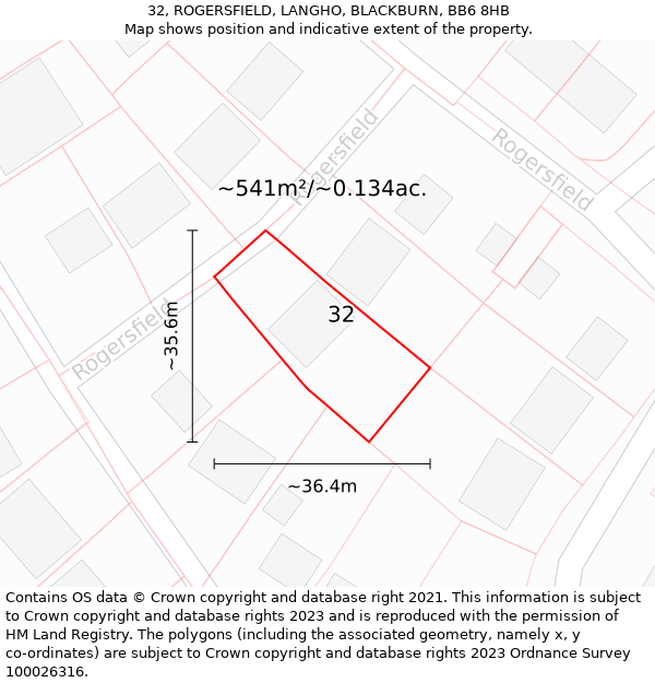 32, ROGERSFIELD, LANGHO, BLACKBURN, BB6 8HB: Plot and title map