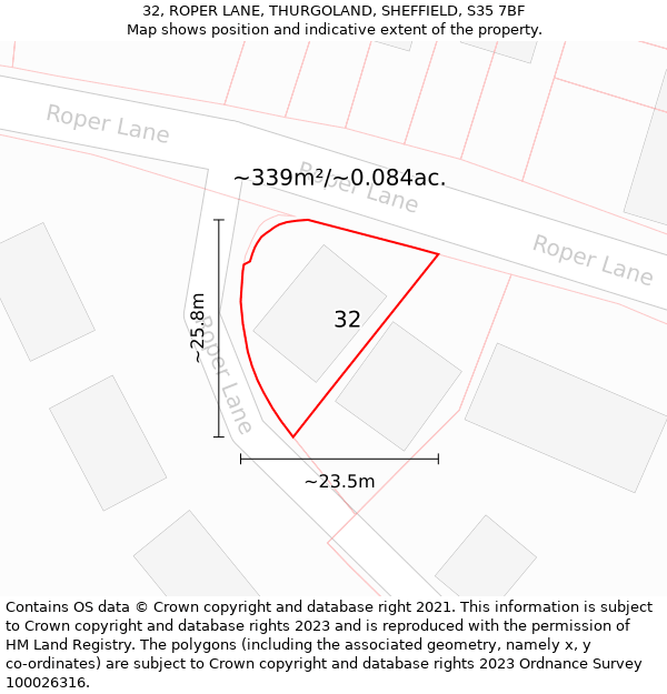 32, ROPER LANE, THURGOLAND, SHEFFIELD, S35 7BF: Plot and title map