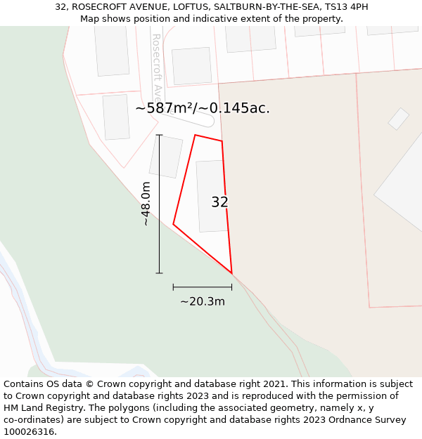 32, ROSECROFT AVENUE, LOFTUS, SALTBURN-BY-THE-SEA, TS13 4PH: Plot and title map