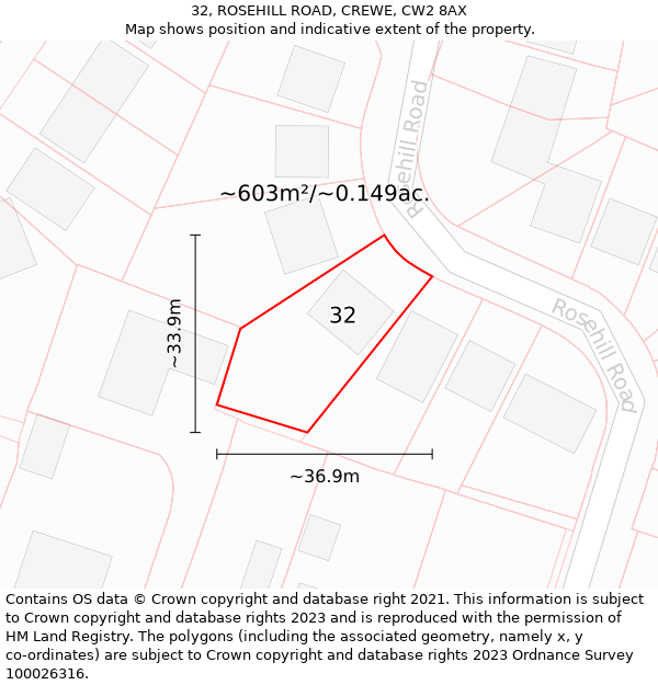 32, ROSEHILL ROAD, CREWE, CW2 8AX: Plot and title map