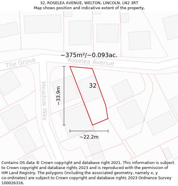 32, ROSELEA AVENUE, WELTON, LINCOLN, LN2 3RT: Plot and title map