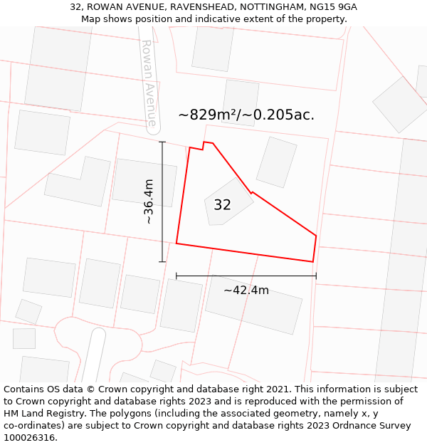 32, ROWAN AVENUE, RAVENSHEAD, NOTTINGHAM, NG15 9GA: Plot and title map