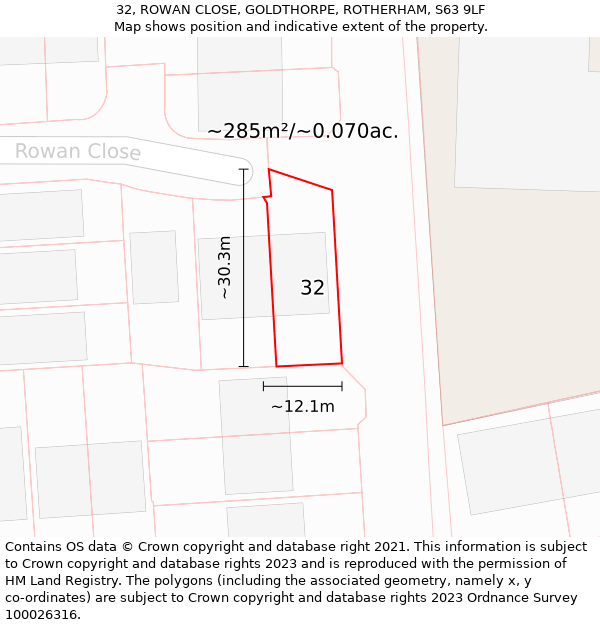 32, ROWAN CLOSE, GOLDTHORPE, ROTHERHAM, S63 9LF: Plot and title map