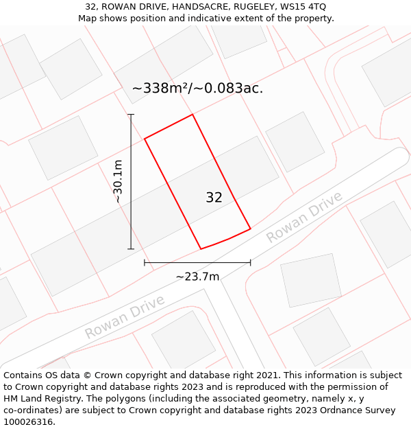 32, ROWAN DRIVE, HANDSACRE, RUGELEY, WS15 4TQ: Plot and title map
