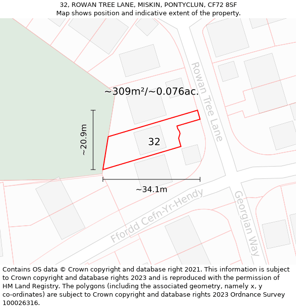 32, ROWAN TREE LANE, MISKIN, PONTYCLUN, CF72 8SF: Plot and title map