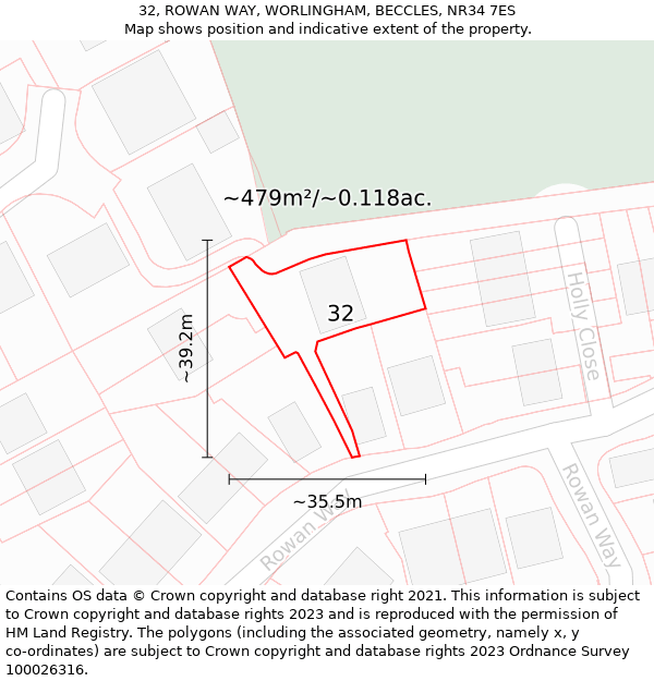 32, ROWAN WAY, WORLINGHAM, BECCLES, NR34 7ES: Plot and title map