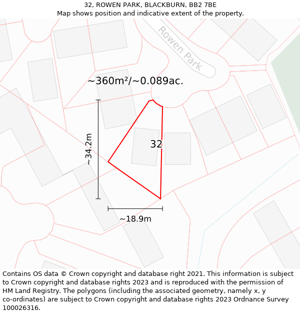 32, ROWEN PARK, BLACKBURN, BB2 7BE: Plot and title map