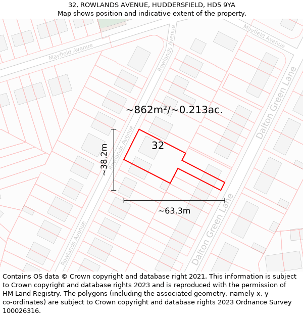 32, ROWLANDS AVENUE, HUDDERSFIELD, HD5 9YA: Plot and title map