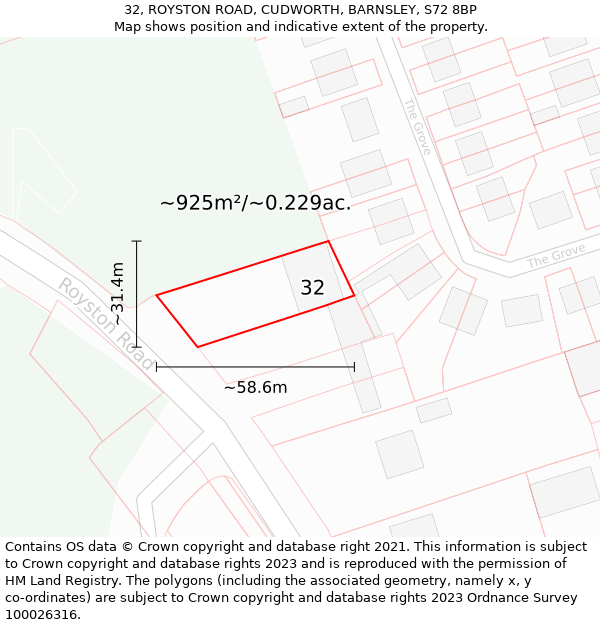 32, ROYSTON ROAD, CUDWORTH, BARNSLEY, S72 8BP: Plot and title map