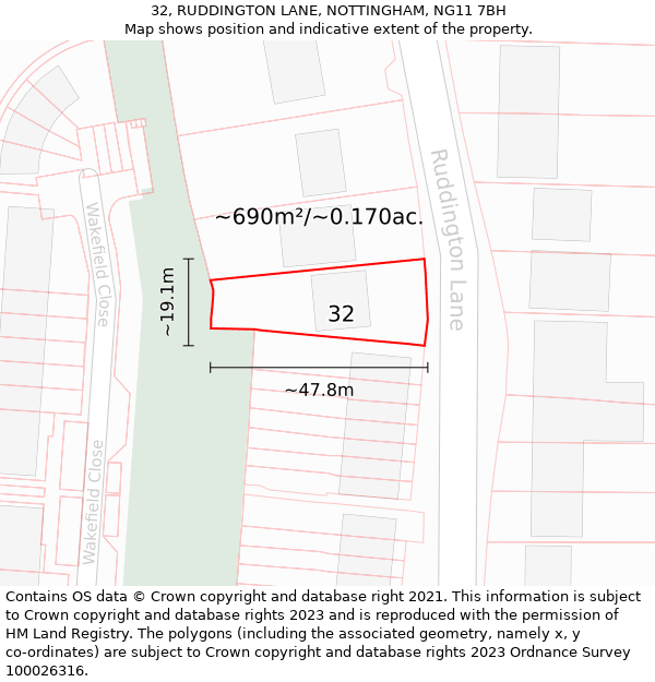 32, RUDDINGTON LANE, NOTTINGHAM, NG11 7BH: Plot and title map