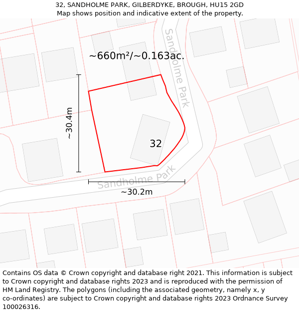32, SANDHOLME PARK, GILBERDYKE, BROUGH, HU15 2GD: Plot and title map