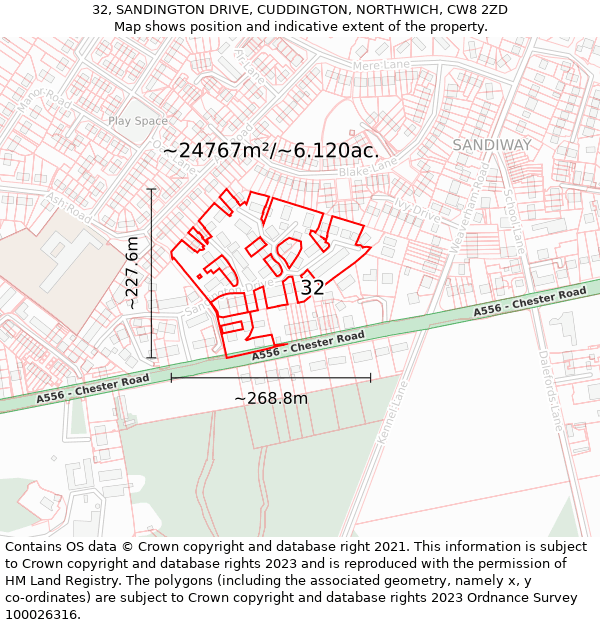 32, SANDINGTON DRIVE, CUDDINGTON, NORTHWICH, CW8 2ZD: Plot and title map