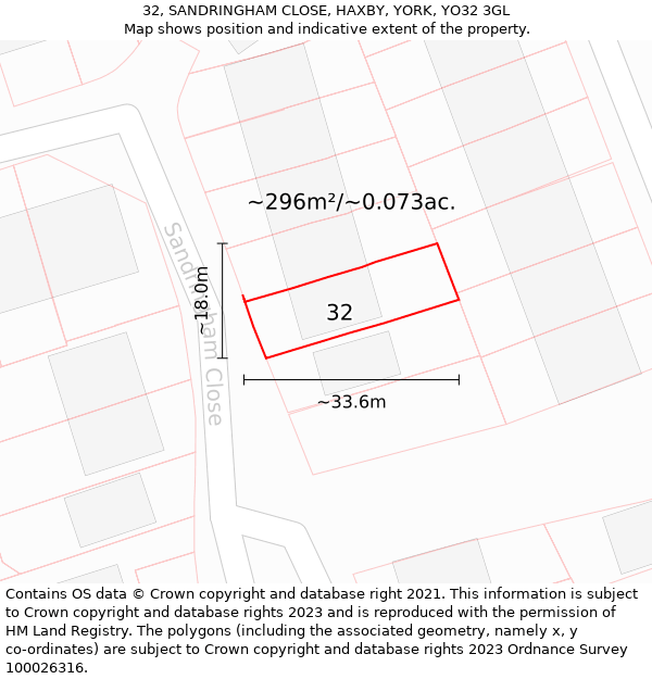 32, SANDRINGHAM CLOSE, HAXBY, YORK, YO32 3GL: Plot and title map