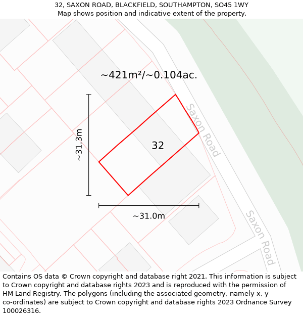 32, SAXON ROAD, BLACKFIELD, SOUTHAMPTON, SO45 1WY: Plot and title map