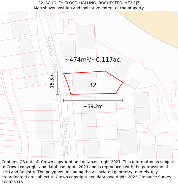 32, SCHOLEY CLOSE, HALLING, ROCHESTER, ME2 1JZ: Plot and title map