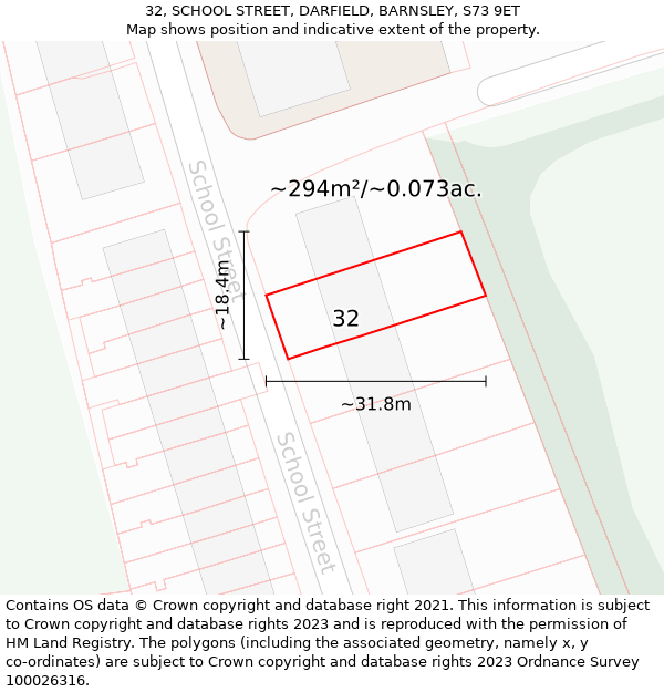 32, SCHOOL STREET, DARFIELD, BARNSLEY, S73 9ET: Plot and title map