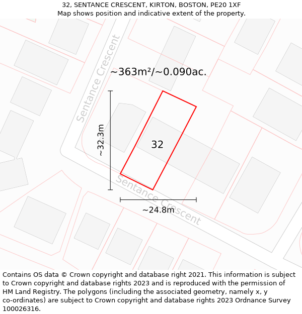 32, SENTANCE CRESCENT, KIRTON, BOSTON, PE20 1XF: Plot and title map