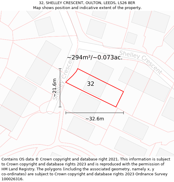 32, SHELLEY CRESCENT, OULTON, LEEDS, LS26 8ER: Plot and title map