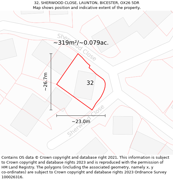 32, SHERWOOD CLOSE, LAUNTON, BICESTER, OX26 5DR: Plot and title map