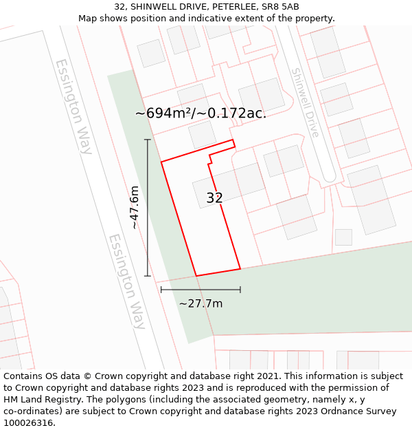 32, SHINWELL DRIVE, PETERLEE, SR8 5AB: Plot and title map