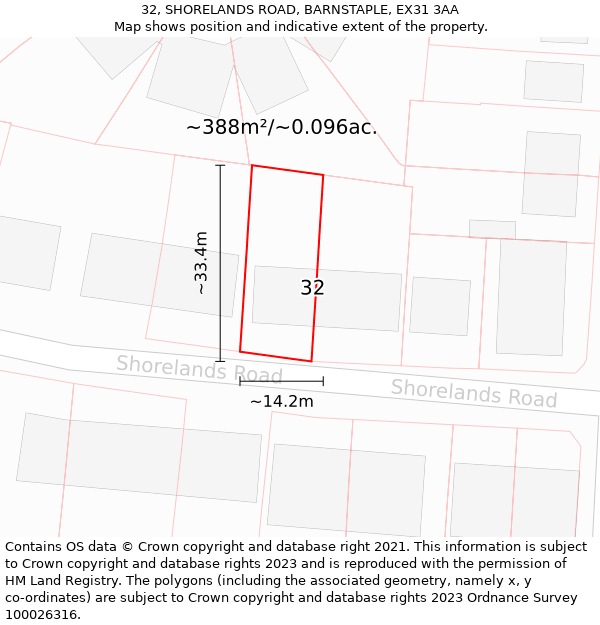 32, SHORELANDS ROAD, BARNSTAPLE, EX31 3AA: Plot and title map