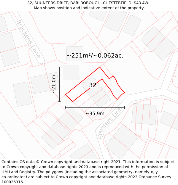 32, SHUNTERS DRIFT, BARLBOROUGH, CHESTERFIELD, S43 4WL: Plot and title map